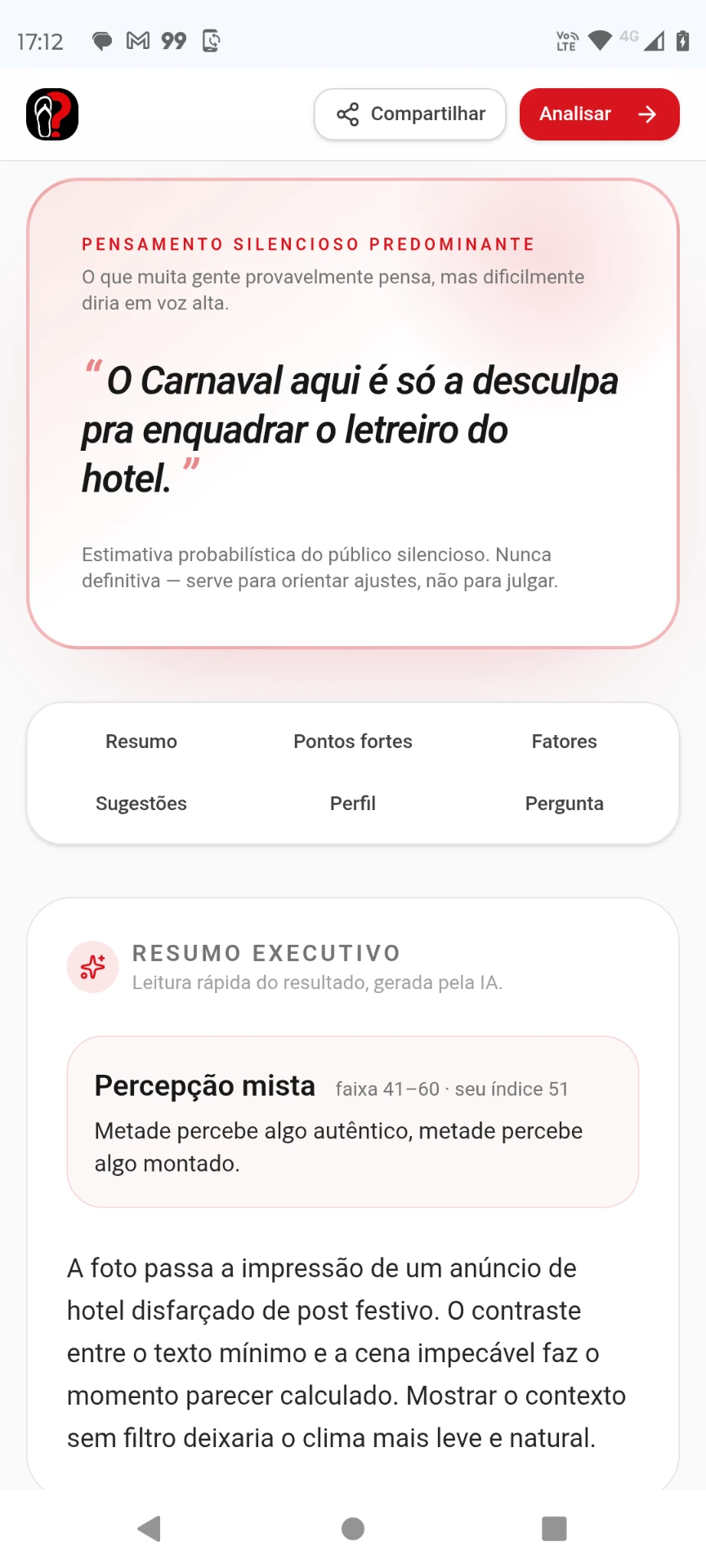 Pensamento silencioso predominante identificado na análise